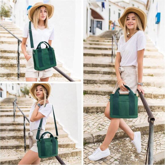 Women's Dark Green Canvas Tote Bag With Multi Pockets Shoulder Bags With Zipper - Picture 6 of 6